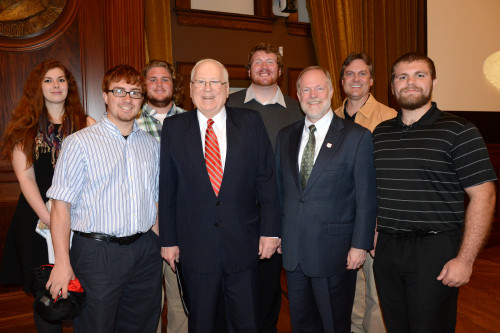 Kenneth Quinn, president of World Food Prize Foundation, invited Central College students to the Hall of Laureates April 21, where Quinn recounted his experience during the last days of Saigon. Pictured (left to right): Rachael Tharp ‘15, Nathan Thiessen ‘15, Kyle Pepper ‘17, Kenneth Quinn, Max Arnett ‘16, Central College President Mark Putnam, Mark Barloon and Jordan Rouse ‘16.