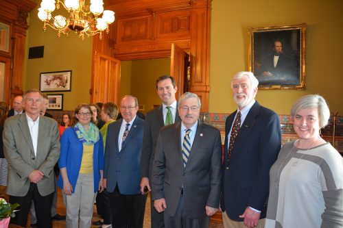 Trustees John Brown, Lori Witt, William Jackson, John Mickelson, Governor Terry Branstad, Jerome Thompson and board chair Tova Brandt attend the State Historical Society Awards for Excellence in History ceremony.