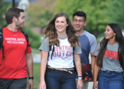 A group of Central students walking across campus.