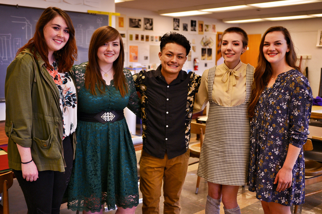 These five Central College seniors will hold their final art exhibition from April 24 to May 11 at the Mills Gallery in the Lubbers Center for Visual Arts. From left to right: Kayla Foster, Madison Thingstad, Scottie Yang, Callie Gardemann and Jessica Lippert.