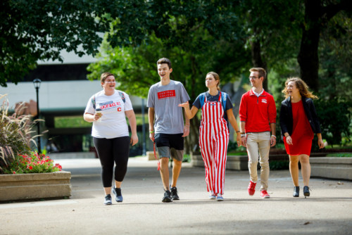 Students walking on the Central College Peace Mall.