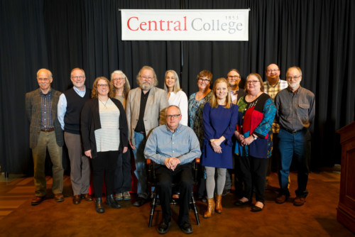 Front and center: Mark Johnson. Back, left to right: Michael Harris, President Mark Putnam, Linda Laine, Kimberly Koza Harris, Kieth Ratzlaff, Marguerite “Peggy” Fitch, Vice President and Dean of the Faculty Mary E. M. Strey, Sara Shuger Fox, Brian Roberts, Treva Reimer, Lee Macomber and Allen Hibbard.