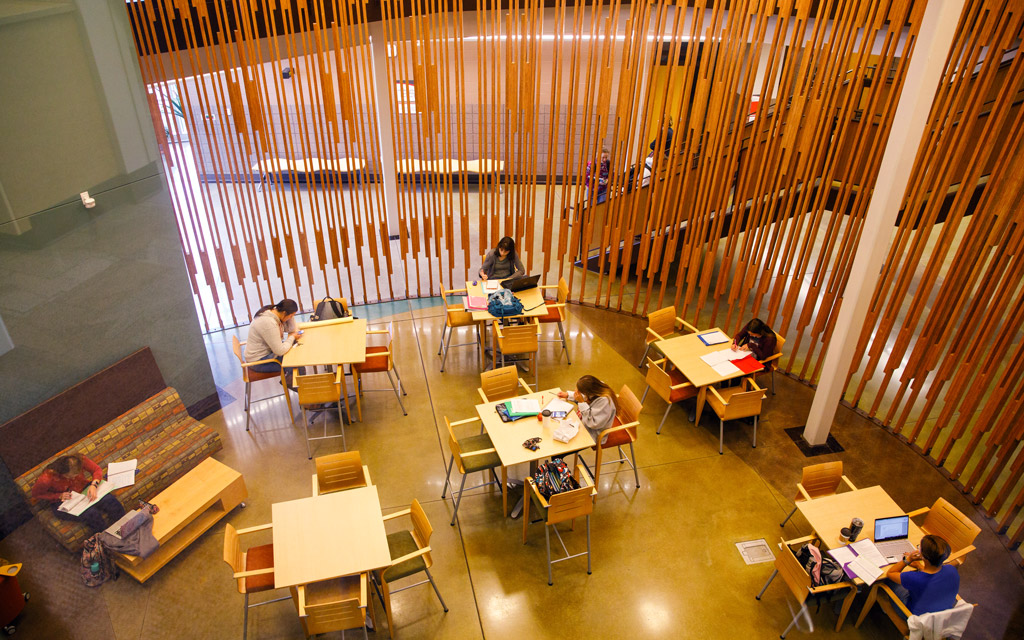 Students studying on the "Birdcage" of Roe Center