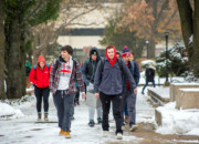Students walking on Peace Mall