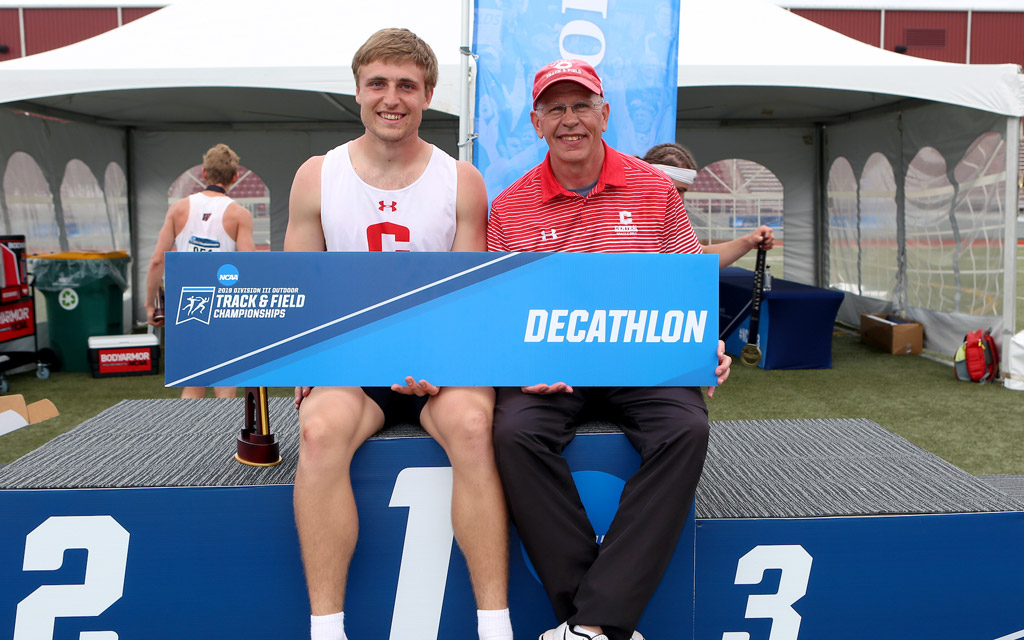 Will Daniels and coach Jim Fuller following Daniels won the NCAA Division III decathlon.