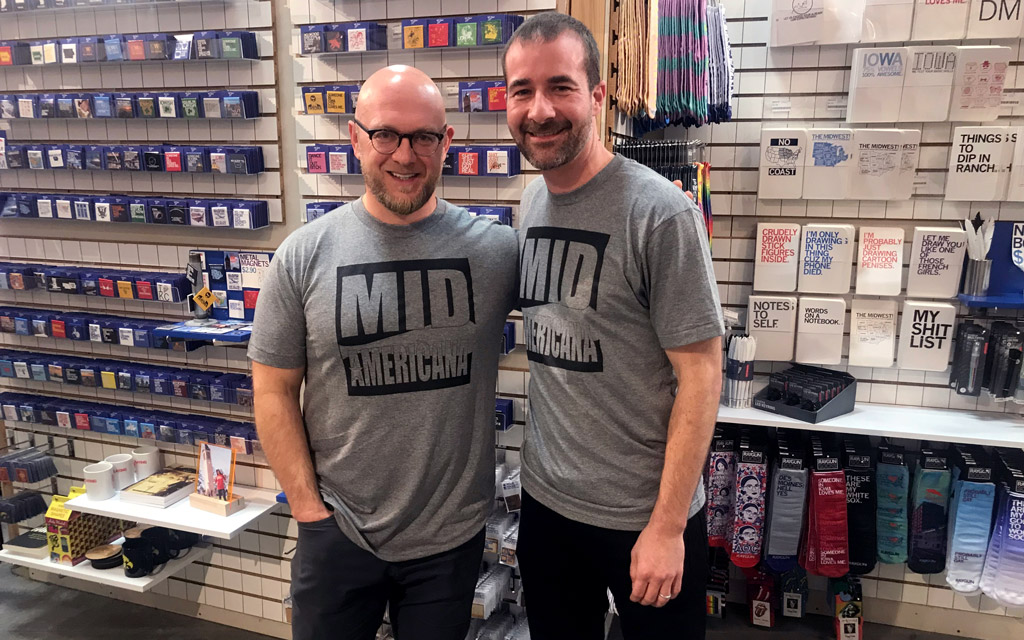 Joshua Dolezal and Brian Campbell at the launch party for their podcast, “Mid-Americana: Stories from a Changing Midwest”