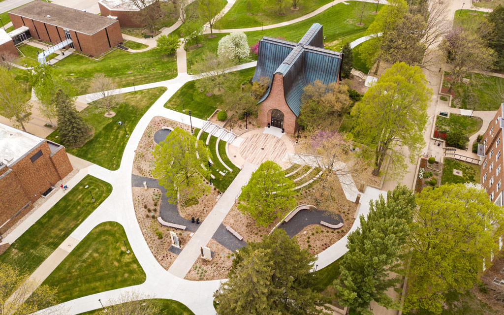 Aerial photo of the award-winning Peace Mall renovation.