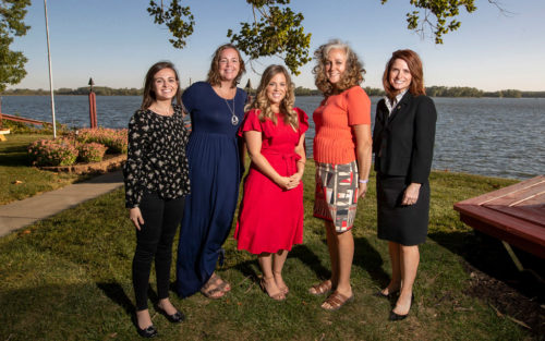 From left, Joanna Drummey-Weber with Rue Elementary School, Corrie Wohlers with Lewis Central Middle School, Taylor Lund with Kreft Primary School, Deb Hernandez with Kirn Middle School and Jane Hanigan-Kinney with Abraham Lincoln High School — this year’s Nelson Family Foundation Excellence in Teaching Awards recipients — pose for a portrait outside the Council Bluffs Country Club before the awards ceremony on Thursday.