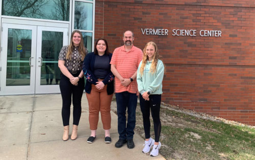Central students and James Shriver, professor of chemistry, published research in the RSC Advances, a peer-reviewed journal of the Royal Society of Chemistry. From left, Summer Sterrenberg, Kaylie Kaller, Jim Shriver and Madison Van Vors.