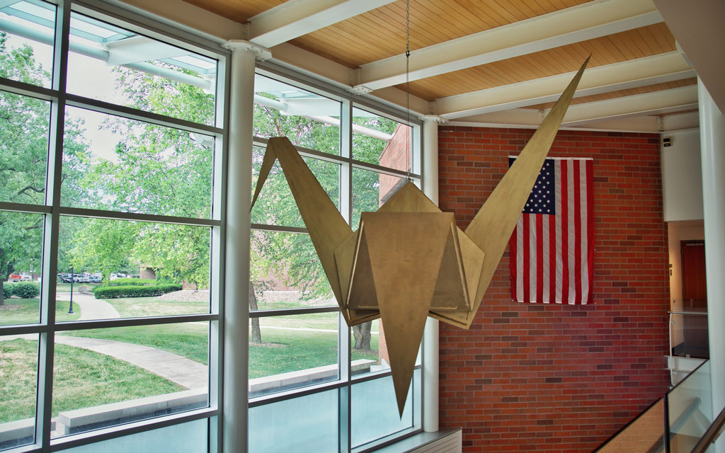 "The Folding Crane" sculpture, which hangs from the ceiling of Vermeer Science Center.