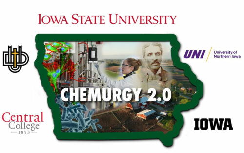 Iowa state outline graphic with names of colleges and words Chemurgy 2.0