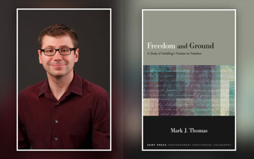 Mark Thomas and the cover image of his book, Freedom and Ground