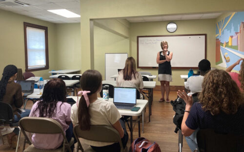 Shelley Bradfield teaching social justice class.