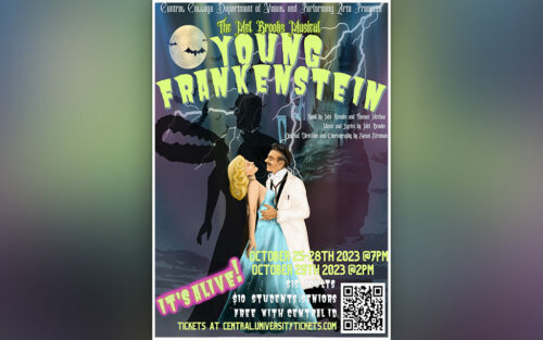 Poster for Young Frankenstein play to be performed at Central College.