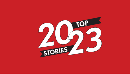 Red background with words Top 2023 Stories