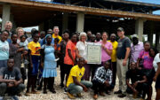 Large group of residents outside the Love in Action Center in Haiti