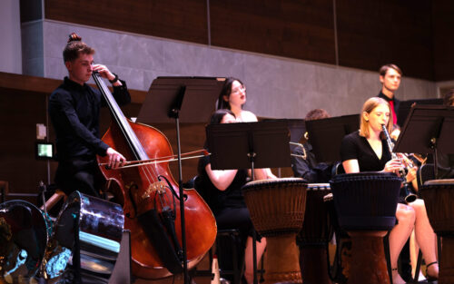 Band performing with a cellist and clarinetist in view.