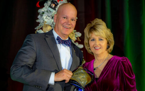 Lance Newbold '85 and Rose State College president Jeanie Webb