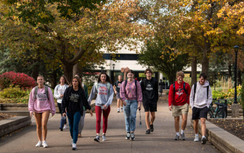 Group of Central students walking Peace Mall